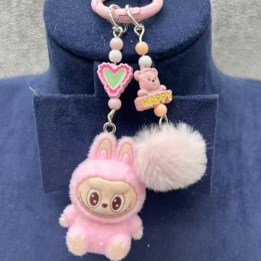 Labubu Pink Plush Bunny Keychain Bag Charm Pom Pom Backpack Clip